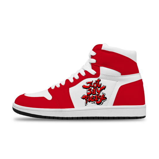 Just Say Please Red & White High Top Basketball Kicks