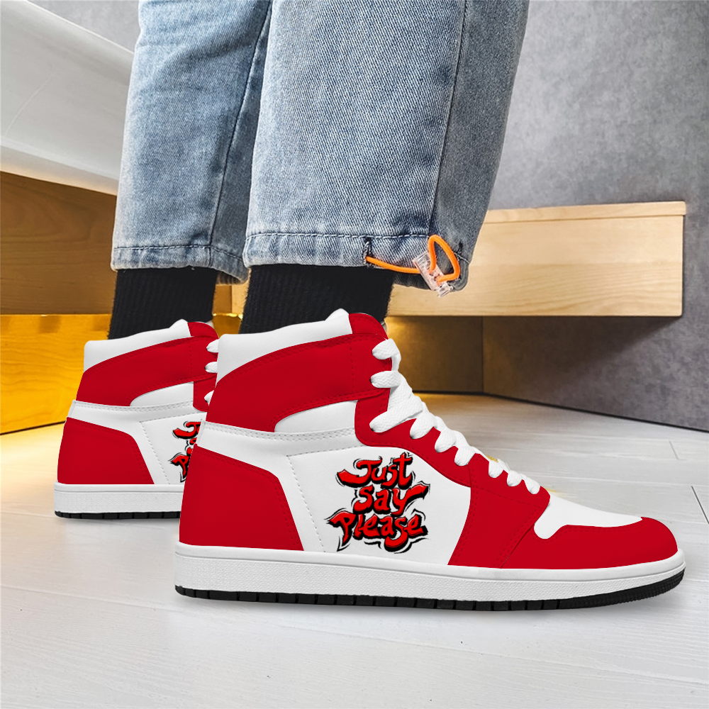 Just Say Please Red & White High Top Basketball Kicks