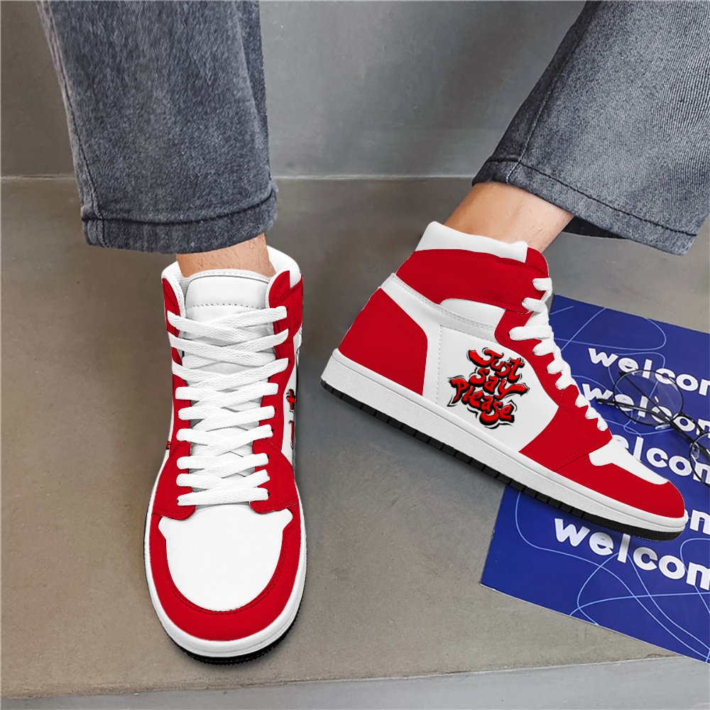 Just Say Please Red & White High Top Basketball Kicks